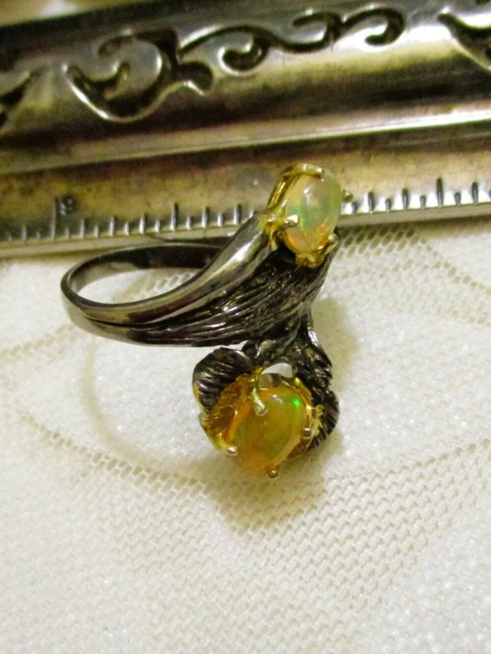 Artisan GEMSTONE STERLING Ring: Precious Opal, Sterling Silver, Gold Vermeil